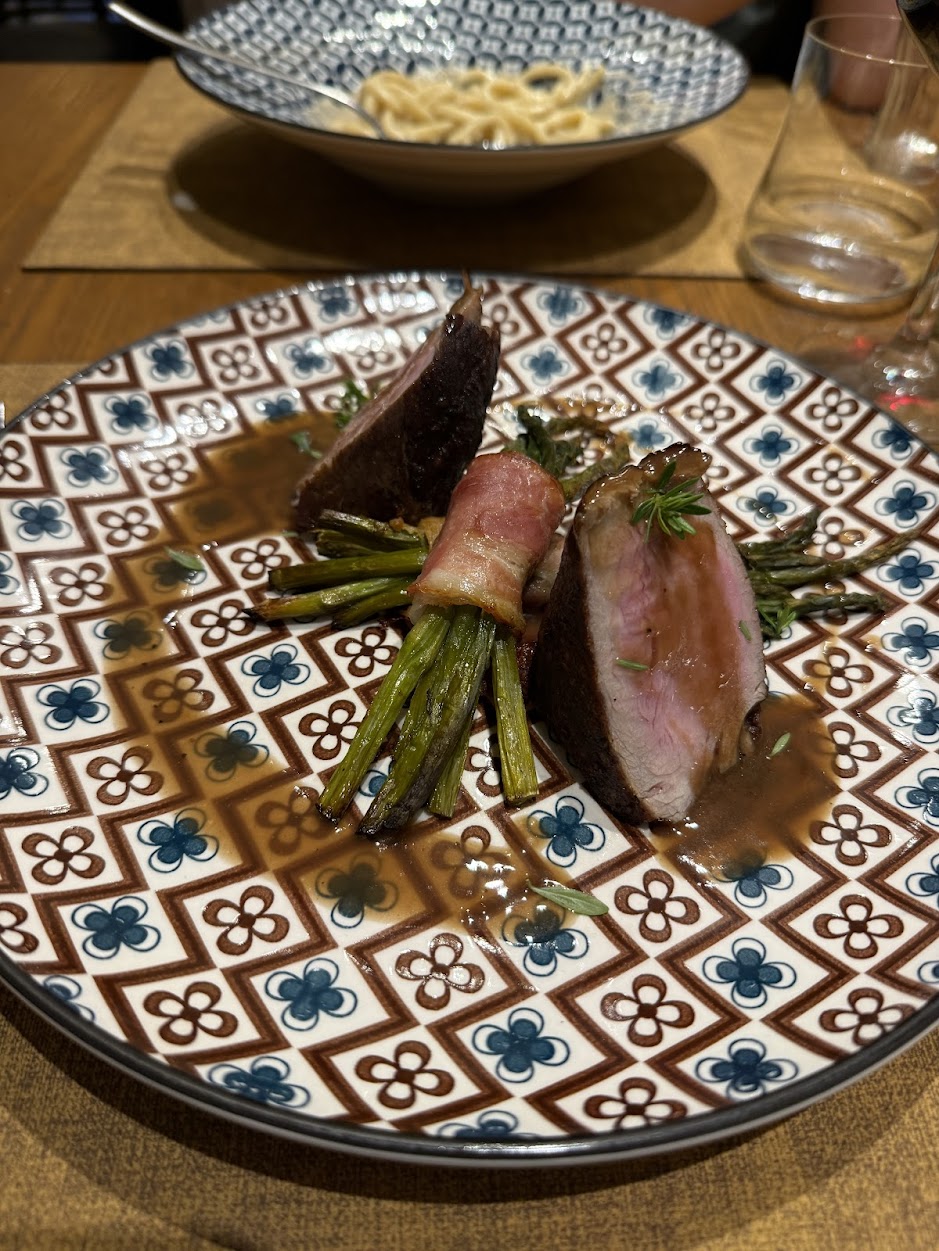 Pork on one of EVO's signature patterned plates.