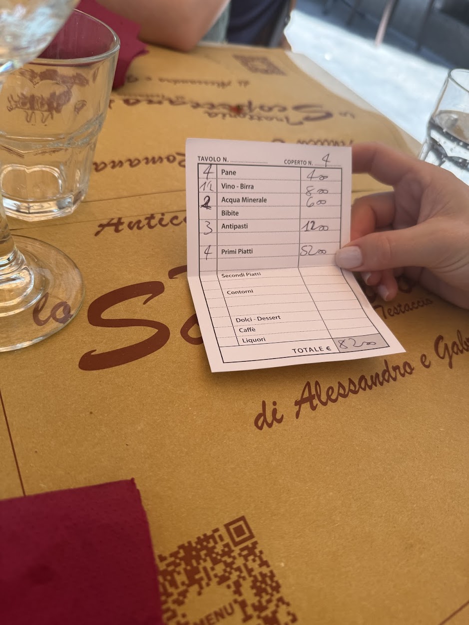 The handwritten bill. €82 for four people, including wine and antipasti.